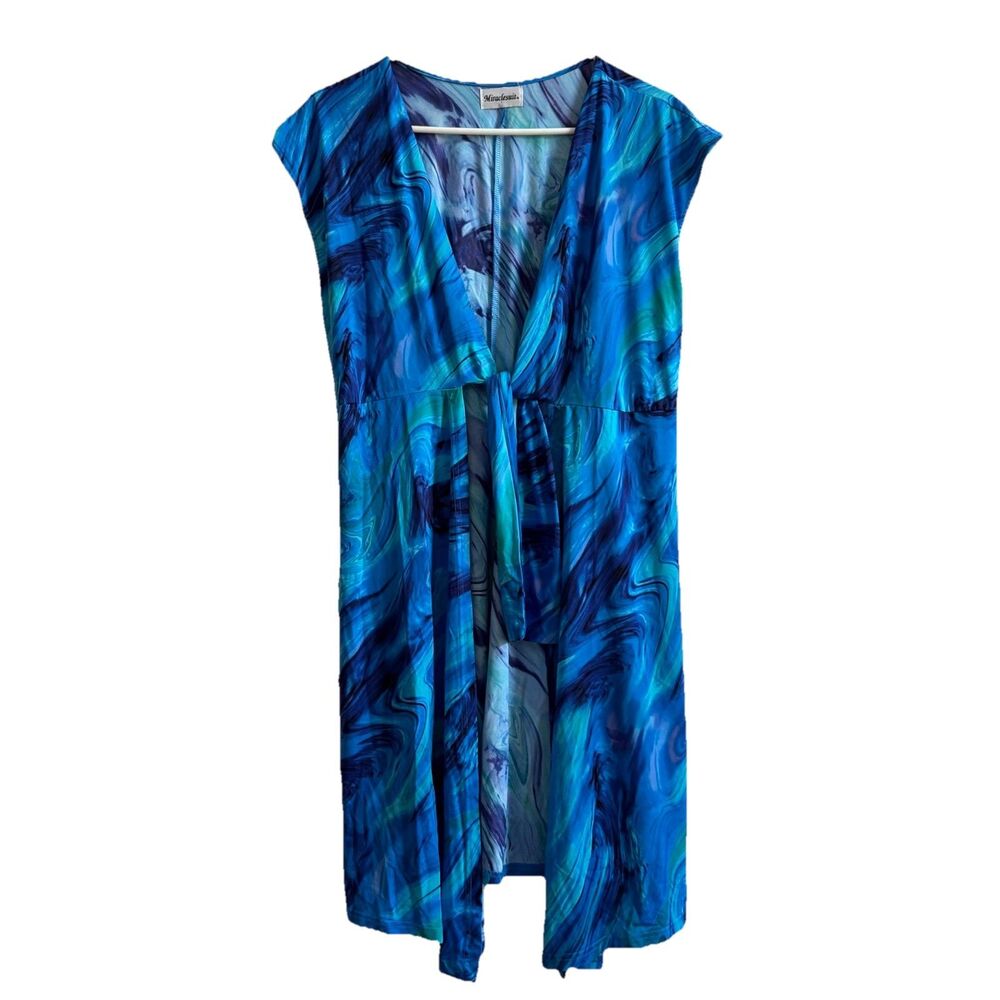 Miraclesuit Swimsuit Coverup Cap Sleeve Tie Front Dress Pockets Blue Abstract